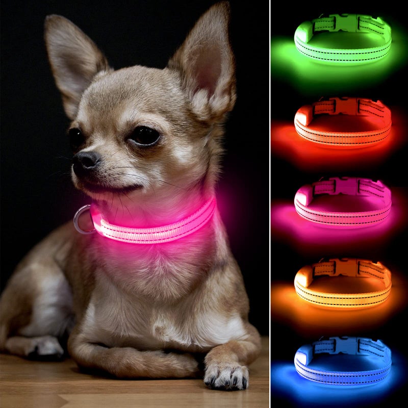 BSEEN Light Up Dog Collar, Rechargeable LED Dog Collar Glow in The Dark Cat Collar Reflective Puppy Collar Safety Dog Lights for Night Walking (Pink, XS) - Image 1